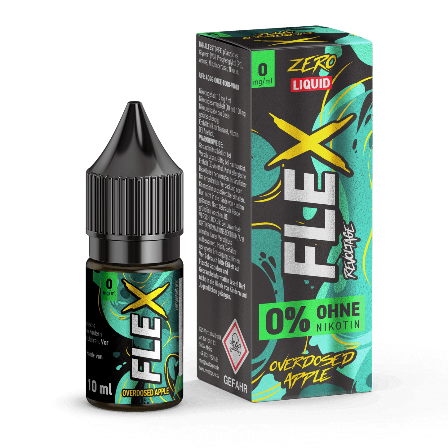 "Revoltage Flex Overdosed Liquid Apfel - 0% Nikotin, extra Apfel-Kick in stylischer Verpackung. Saftiger Genuss für jeden Tag."