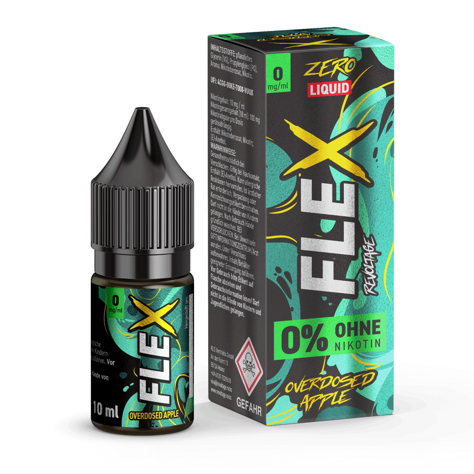 "Revoltage Flex Overdosed Liquid Apfel - 0% Nikotin, extra Apfel-Kick in stylischer Verpackung. Saftiger Genuss für jeden Tag."