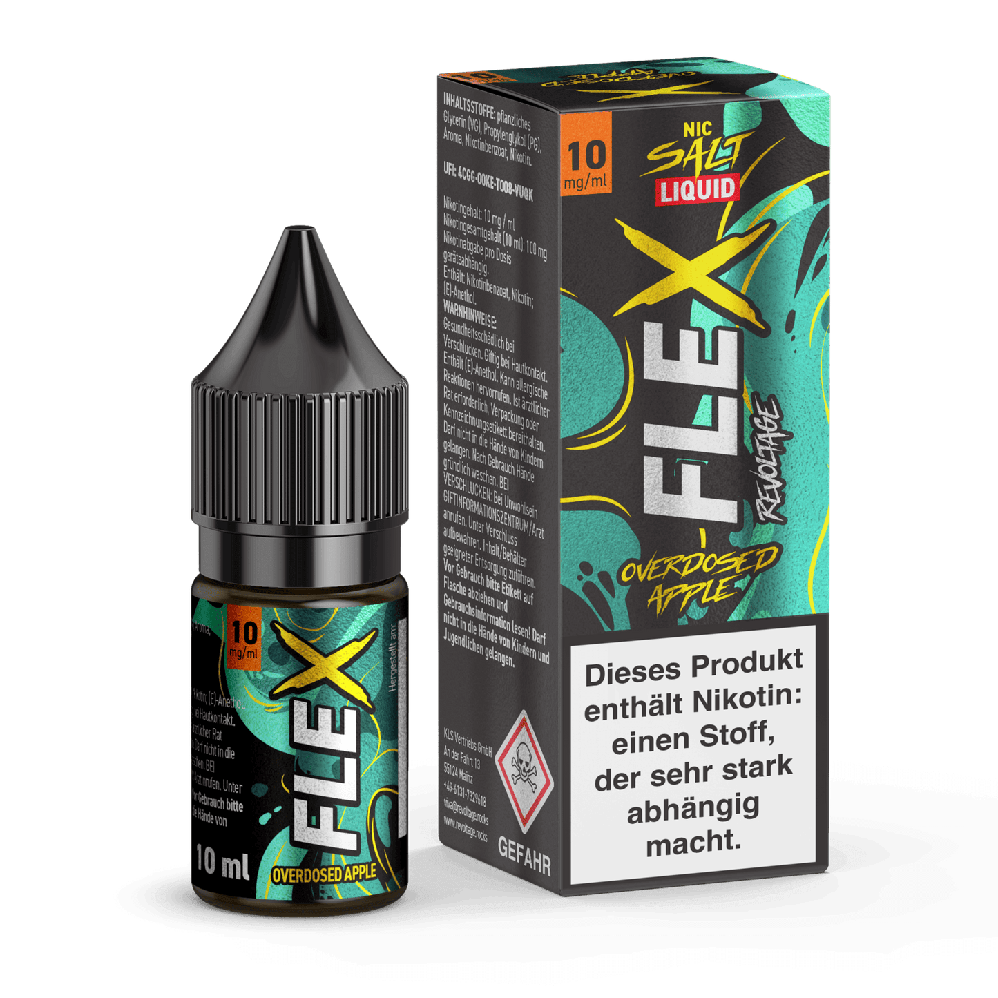 Flasche und Verpackung von Revoltage Flex Overdosed Liquid Apfel mit Nikotin-Warnhinweis, der ultimative saftige Apfel-Kick für deinen Tag.