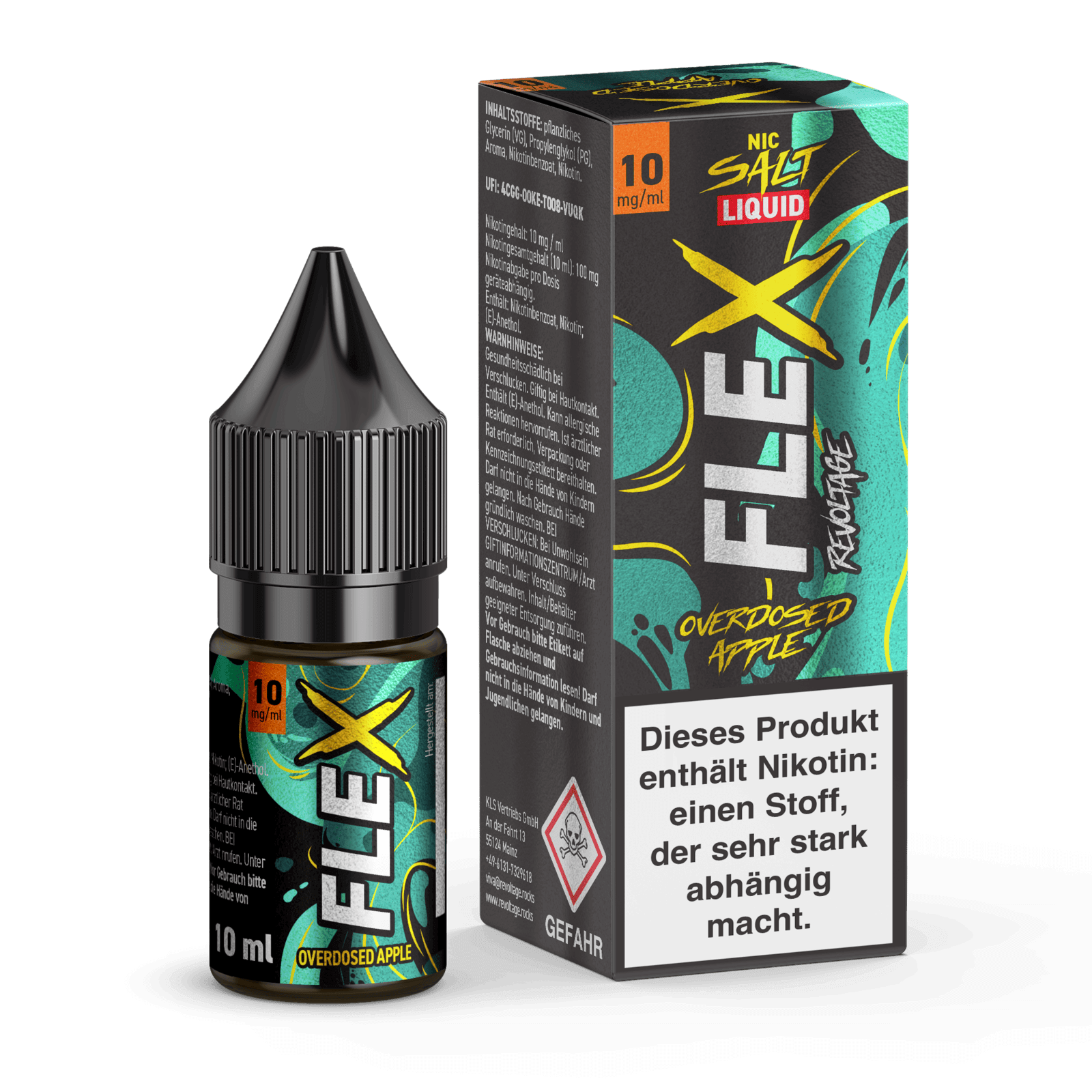 Flasche und Verpackung von Revoltage Flex Overdosed Liquid Apfel mit Nikotin-Warnhinweis, der ultimative saftige Apfel-Kick für deinen Tag.