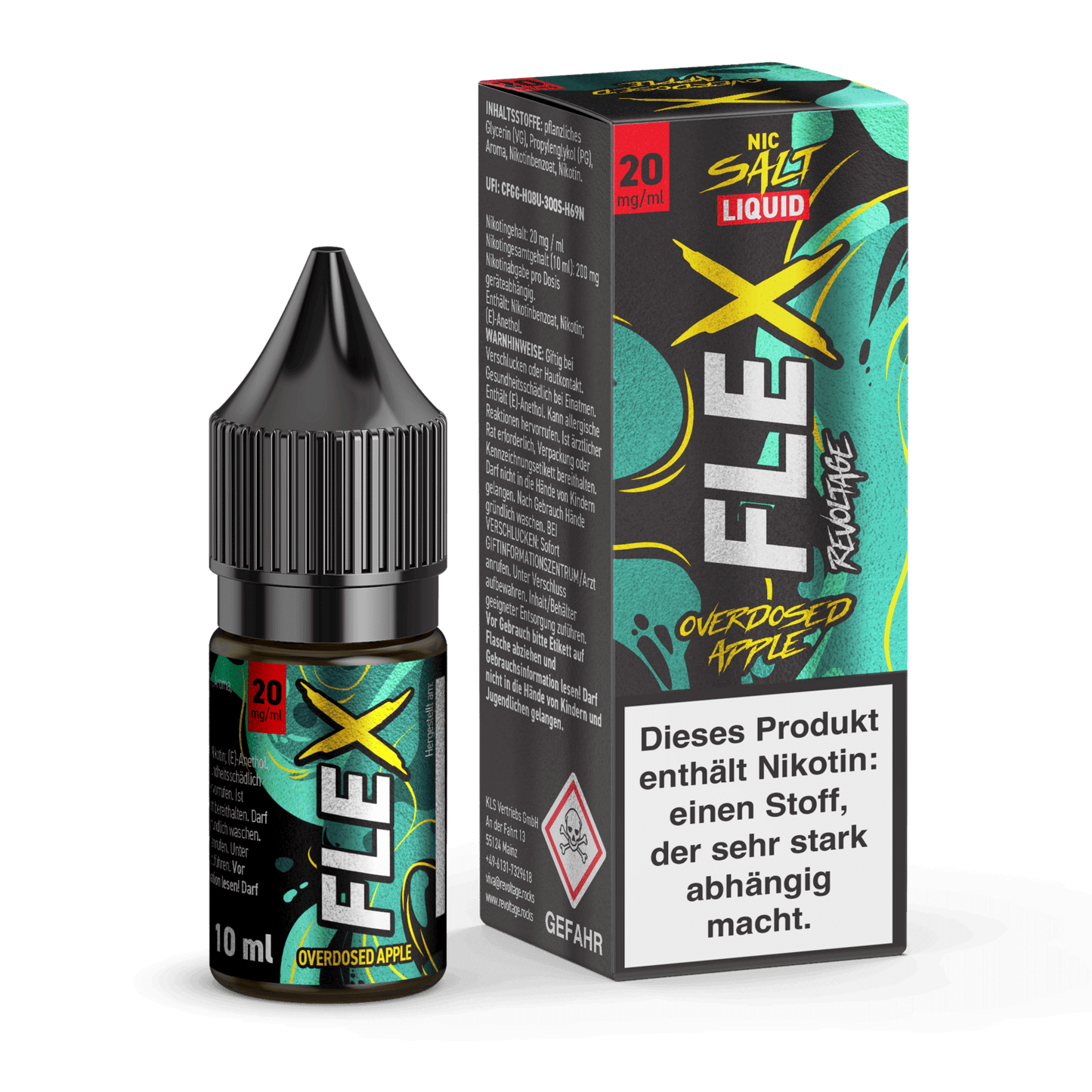Revoltage Flex Overdosed Liquid - Apfel, starker Apfelgeschmack, 20 mg Nikotinsalzflasche vor grün-blauer Verpackung.