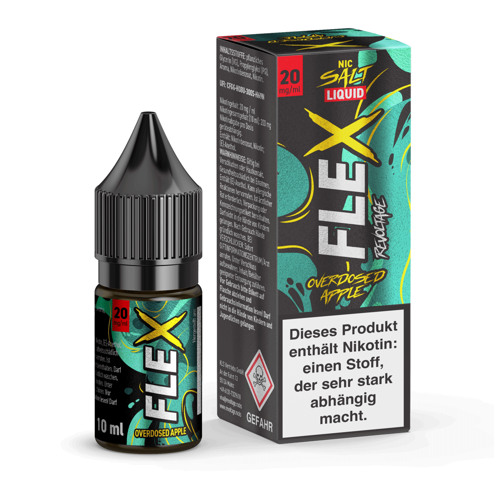 Revoltage Flex Overdosed Liquid - Apfel, starker Apfelgeschmack, 20 mg Nikotinsalzflasche vor grün-blauer Verpackung.