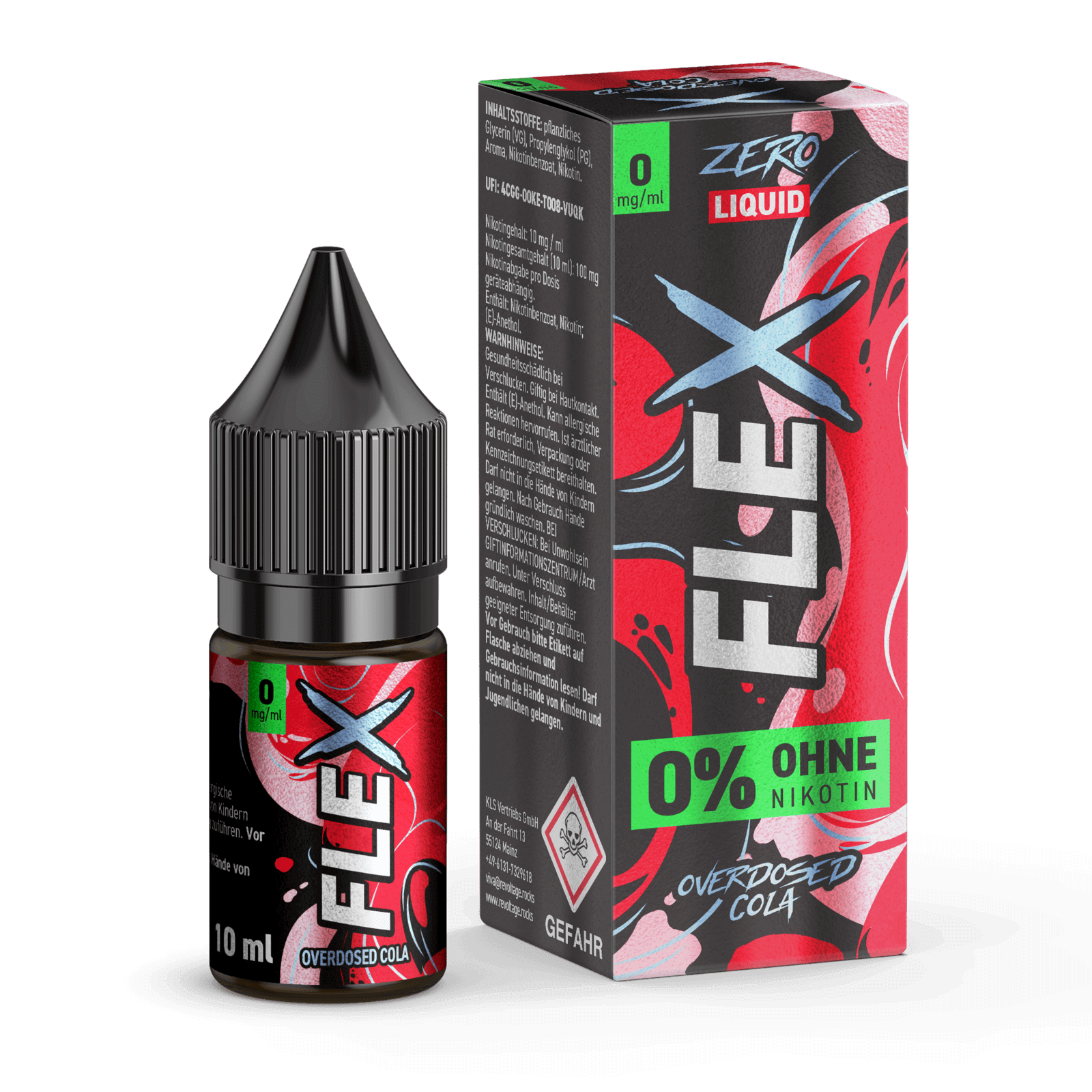 Revoltage Flex Overdosed Liquid - Cola Flasche und Verpackung mit 0% Nikotin, erlebe das klassische Cola-Aroma ohne Kohlensäure.