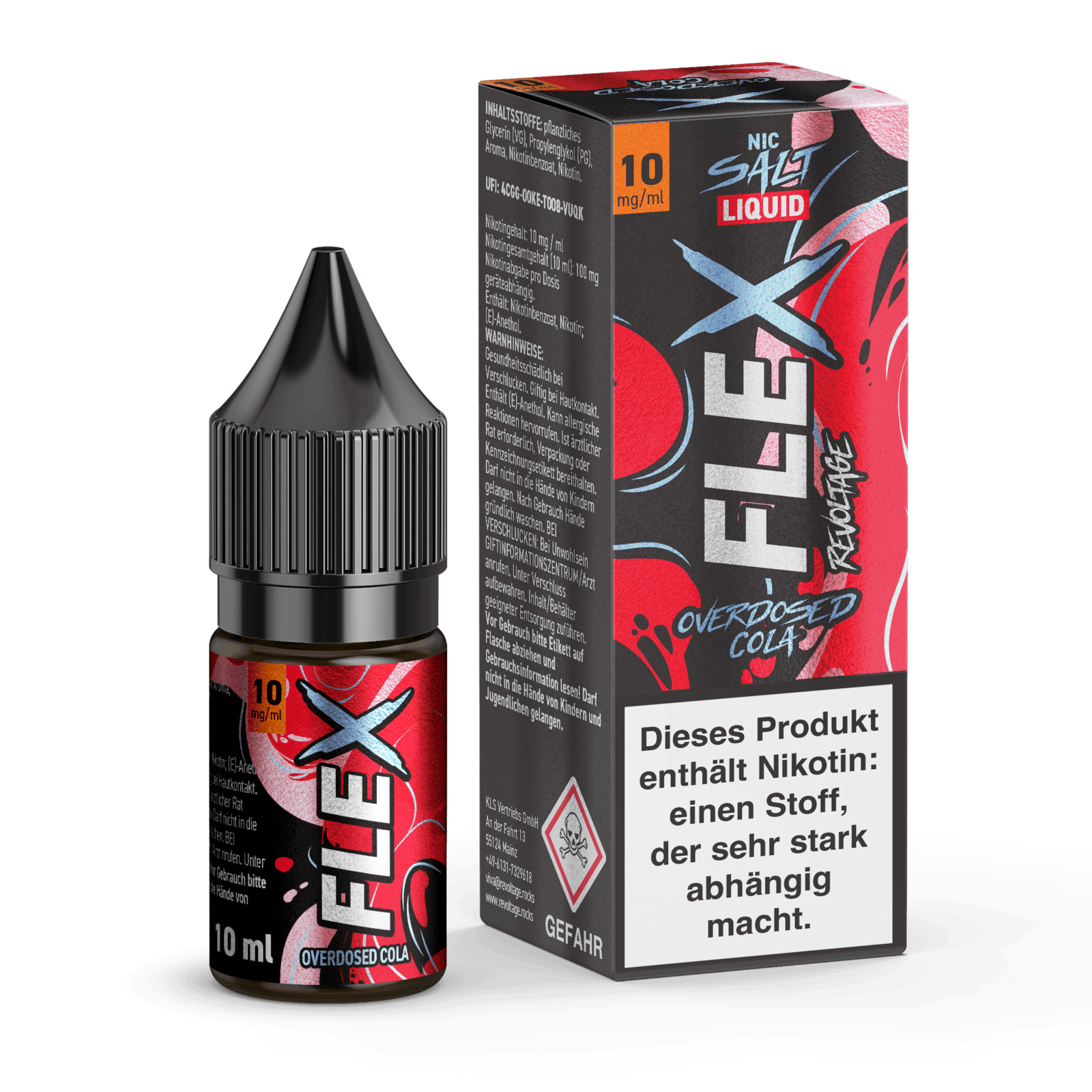 Revoltage Flex Overdosed Cola Liquid in 10 ml Flasche und Verpackung mit stilvollem Design, erlebe den intensiven Cola-Geschmack.