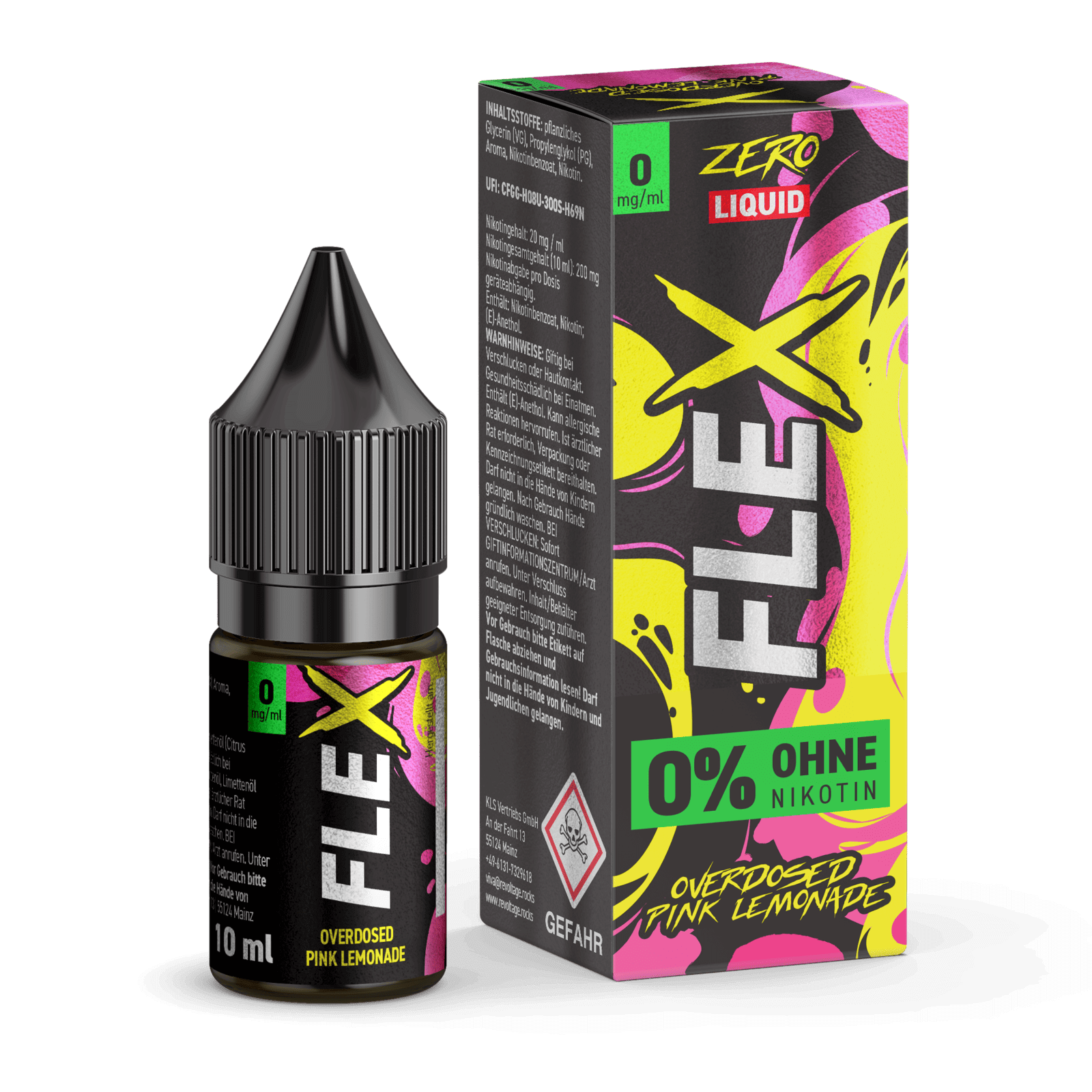 Flex Overdosed Liquid Pinke Limonade Verpackung – Nikotinfrei, prickelnd süßer Vape-Genuss mit Zitronen- und Beerenaromen.
