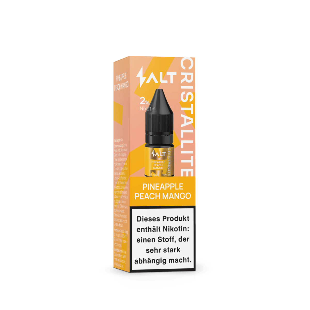 Pineapple Peach Mango Nikotinsalz Liquid von Salt Cristallite, erlebe tropischen Fruchtgenuss in deiner E-Zigarette.