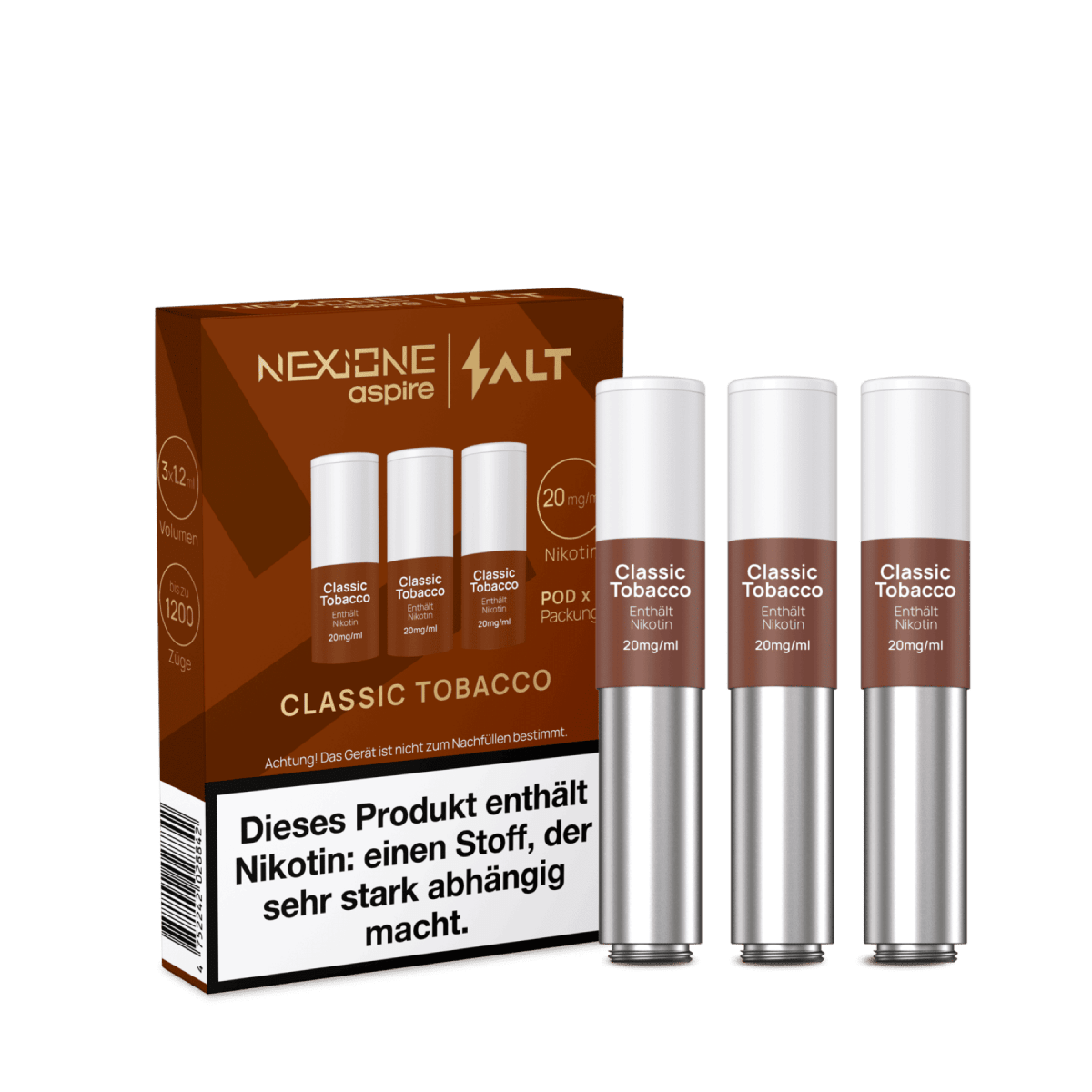 Nexione Pods 3er Set mit Classic Tabakgeschmack für intensives Dampferlebnis, verpackt mit Nikotin-Hinweis.