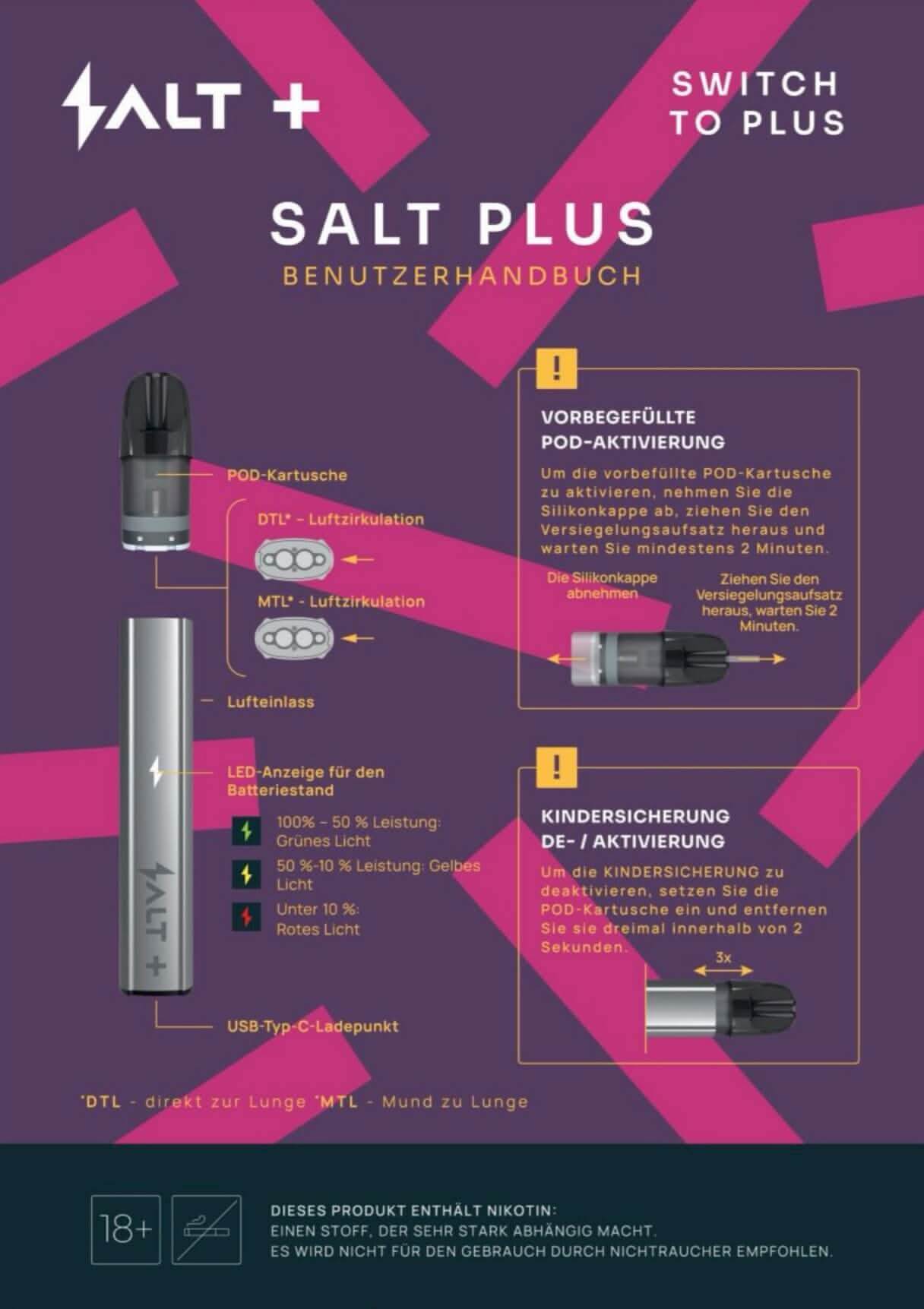 Vape Benutzerhandbuch des SALT PLUS Geräts mit Pod-Aktivierung und Kindersicherung, präsentiert mit modernen Grafiken.