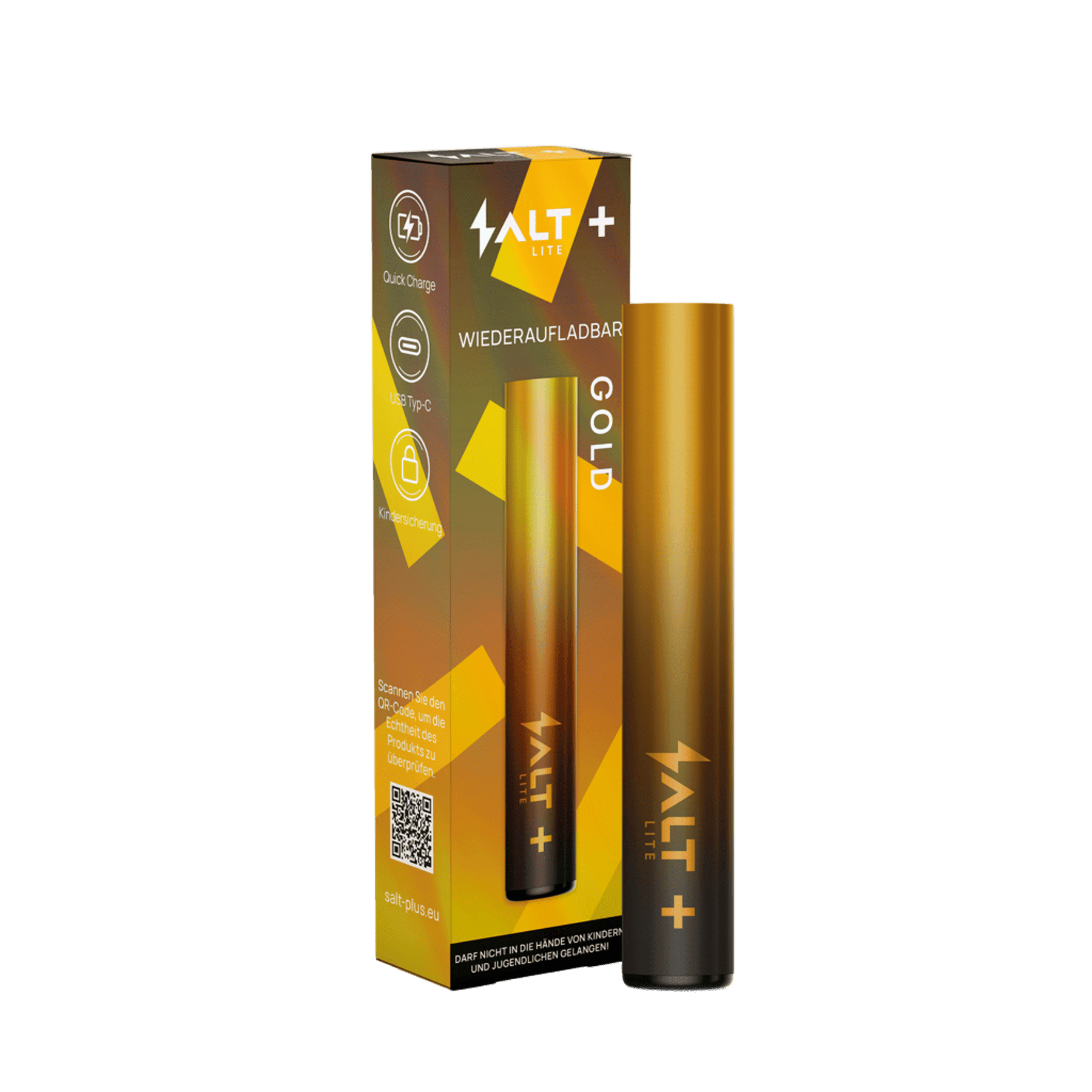 Goldenes Salt+ Lite Basisgerät, glänzend und elegant, für ein luxuriöses Dampferlebnis. Schnapp dir den Schatz des Dampfens.