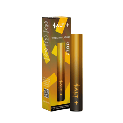 Goldenes Salt+ Lite Basisgerät, glänzend und elegant, für ein luxuriöses Dampferlebnis. Schnapp dir den Schatz des Dampfens.