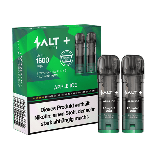 Verpackung der Salt+ Lite Pods Apple Ice mit Apfel-Menthol-Geschmack, bis zu 1600 Züge, 2er Set, 20mg Nikotin.