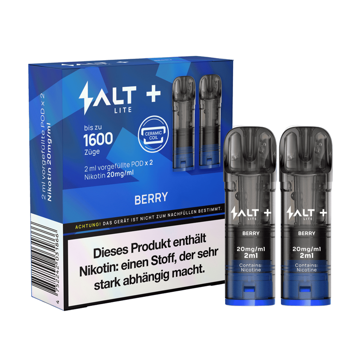 Salt+ Lite Pod 2er Set in Berry Mix vor Verpackung, bietet intensiven Beeren-Mix-Geschmack. Entdecke bis zu 1600 Züge pures Aroma!