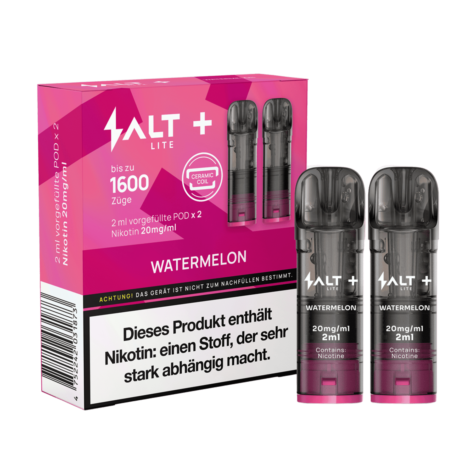 Erlebe Sommer mit Salt+ Lite Pod Watermelon, 2er Set für spritzige, natürliche Melonenfrische und max. 1600 Züge Genuss.