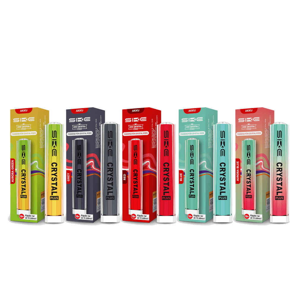 Bunte E-Zigaretten Kollektion, Crystal Plus Basisgerät, in auffälligen Farben: Gelb, Schwarz, Rot, Grün, für ein stylisches Vaping-Erlebnis.