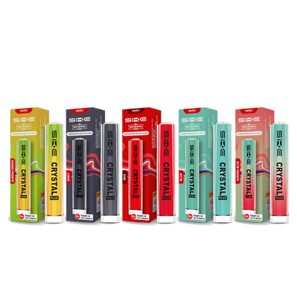 Bunte E-Zigaretten Kollektion, Crystal Plus Basisgerät, in auffälligen Farben: Gelb, Schwarz, Rot, Grün, für ein stylisches Vaping-Erlebnis.