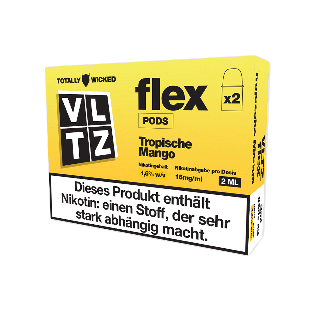 VLTZ Flex Pod in Tropische Mango-Geschmack, 2er Set. Exotisches Dampferlebnis mit reifen Mangos, perfekt für deinen tropischen Genuss.