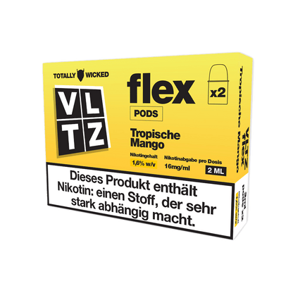 VLTZ Flex Pod in Tropische Mango-Geschmack, 2er Set. Exotisches Dampferlebnis mit reifen Mangos, perfekt für deinen tropischen Genuss.