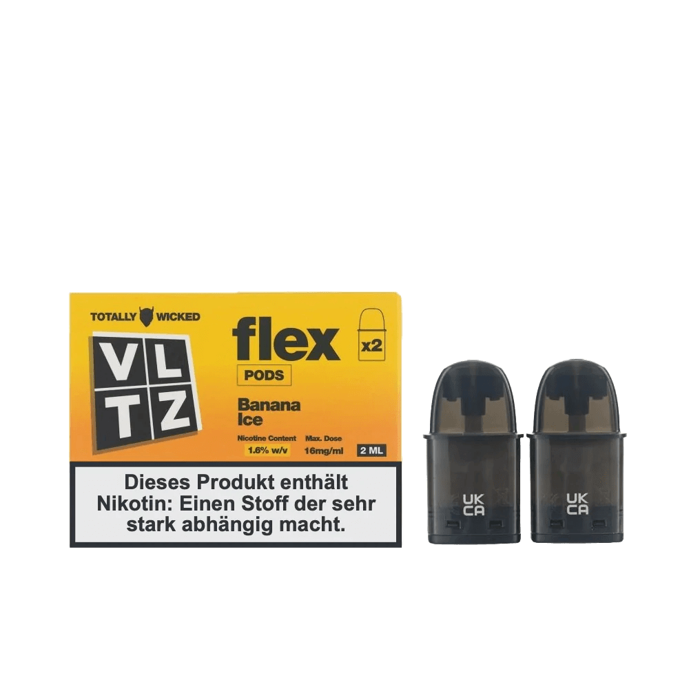 VLTZ Flex Pod Banana Ice (2er Set) von Totally Wicked, 2 ml E-Zigaretten-Pods mit Bananen-Menthol-Geschmack.