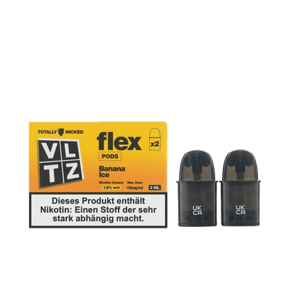 VLTZ Flex Pod Banana Ice (2er Set) von Totally Wicked, 2 ml E-Zigaretten-Pods mit Bananen-Menthol-Geschmack.