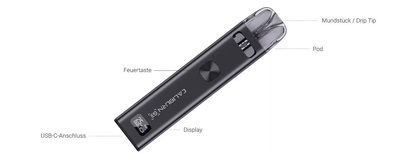 Caliburn G3 Kit in Midnight Gold, zeige Feuerknopf, USB-C-Anschluss, Display und Mundstück für deinen luxuriösen Vape-Genuss