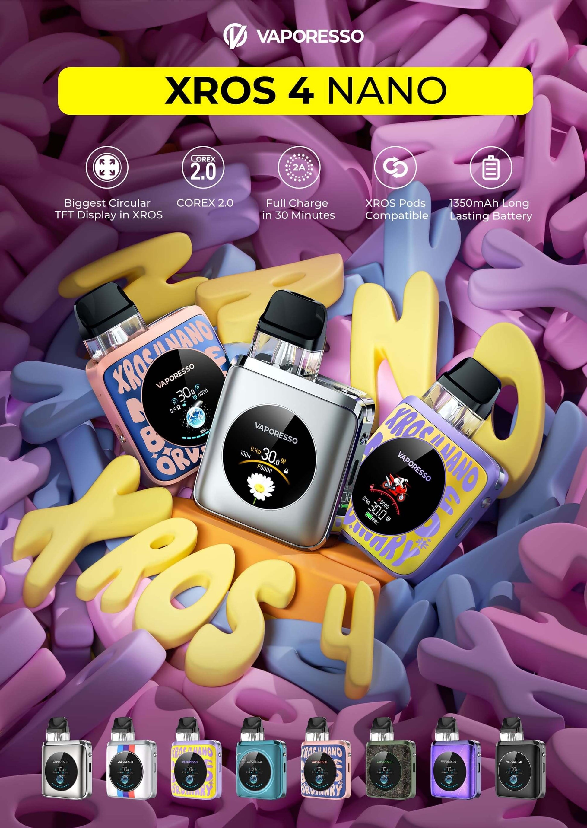 Vaporesso XROS 4 Nano Kit in Pop Art Lila Gelb - ein lebendiges Kunstwerk mit gelben und lila Design für optimistische Vaper.