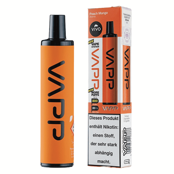 Vapp 800 - Peach Mango Vape mit tropischem Aroma von Pfirsich und Mango. Perfekte Vape für deinen fruchtigen Genussmoment.