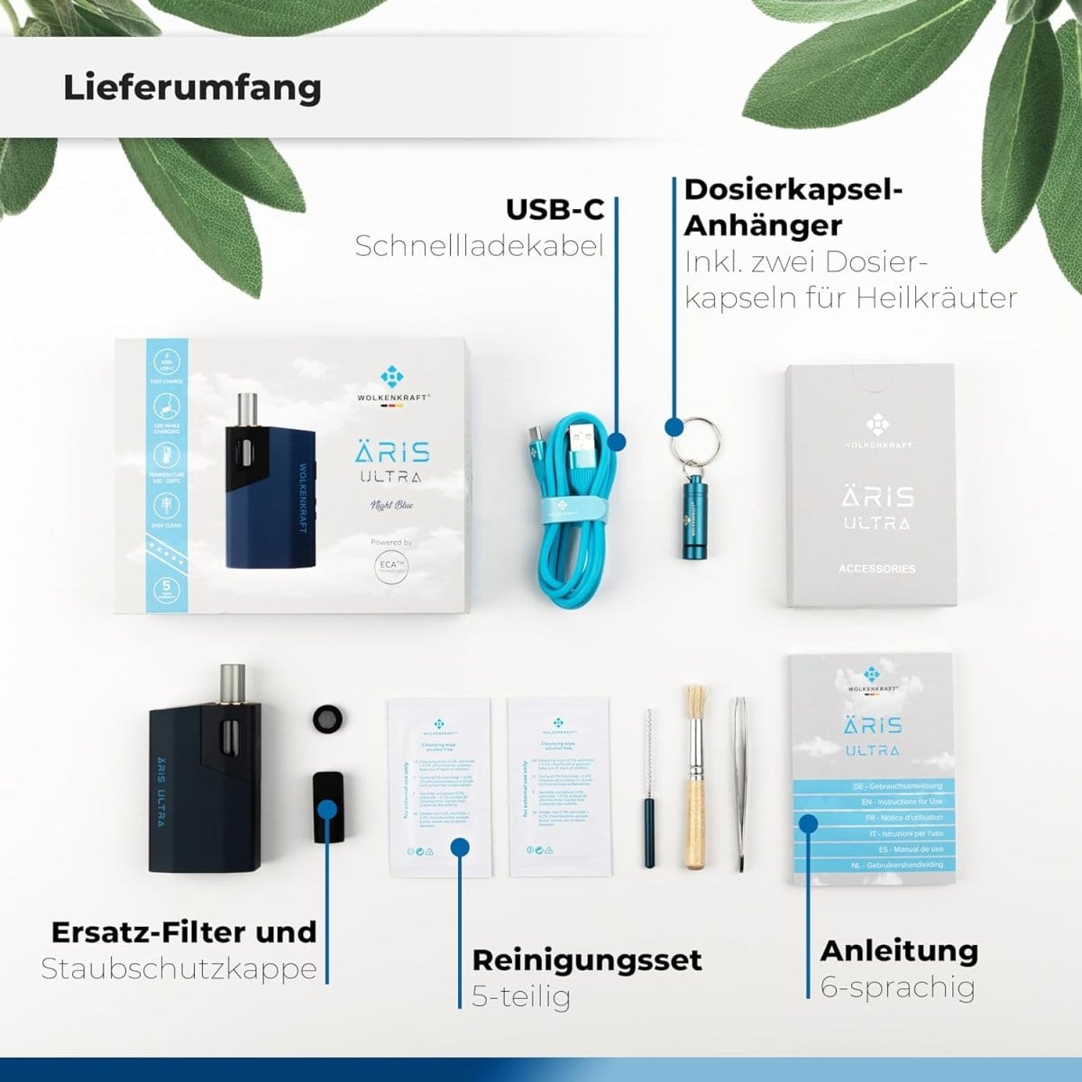 Äris Ultra Vaporizer Lieferumfang: Dunkelblauer Vaporizer, USB-C Kabel, Dosierkapseln, Ersatz-Filter, Reinigungsset, Anleitung.