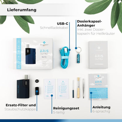 Äris Ultra Vaporizer Lieferumfang: Dunkelblauer Vaporizer, USB-C Kabel, Dosierkapseln, Ersatz-Filter, Reinigungsset, Anleitung.