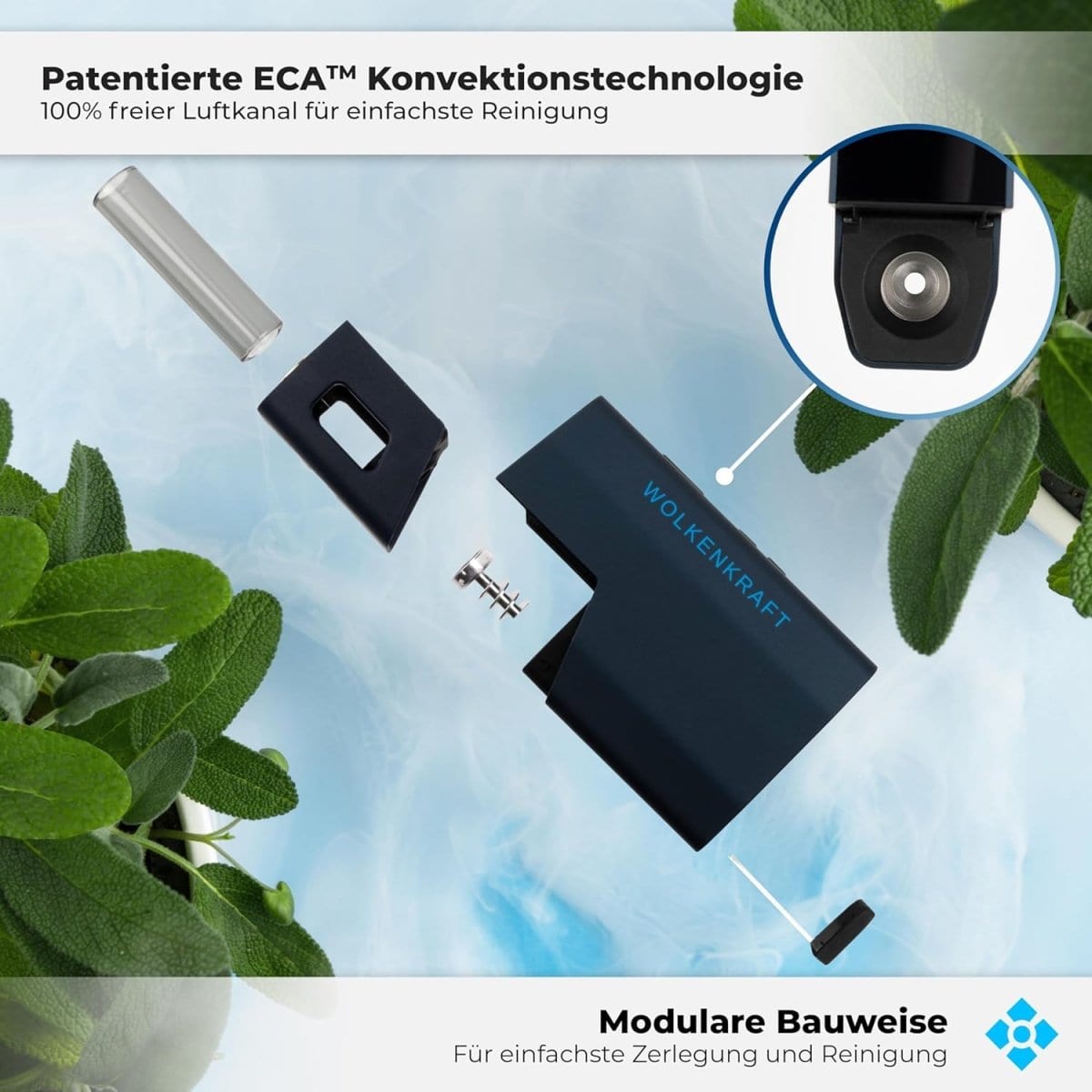 Wolkenkraft Äris Vaporizer in Dunkelblau, gezeigt in modulares Design mit ECA™ Konvektionstechnologie, ideal für einfache Reinigung.