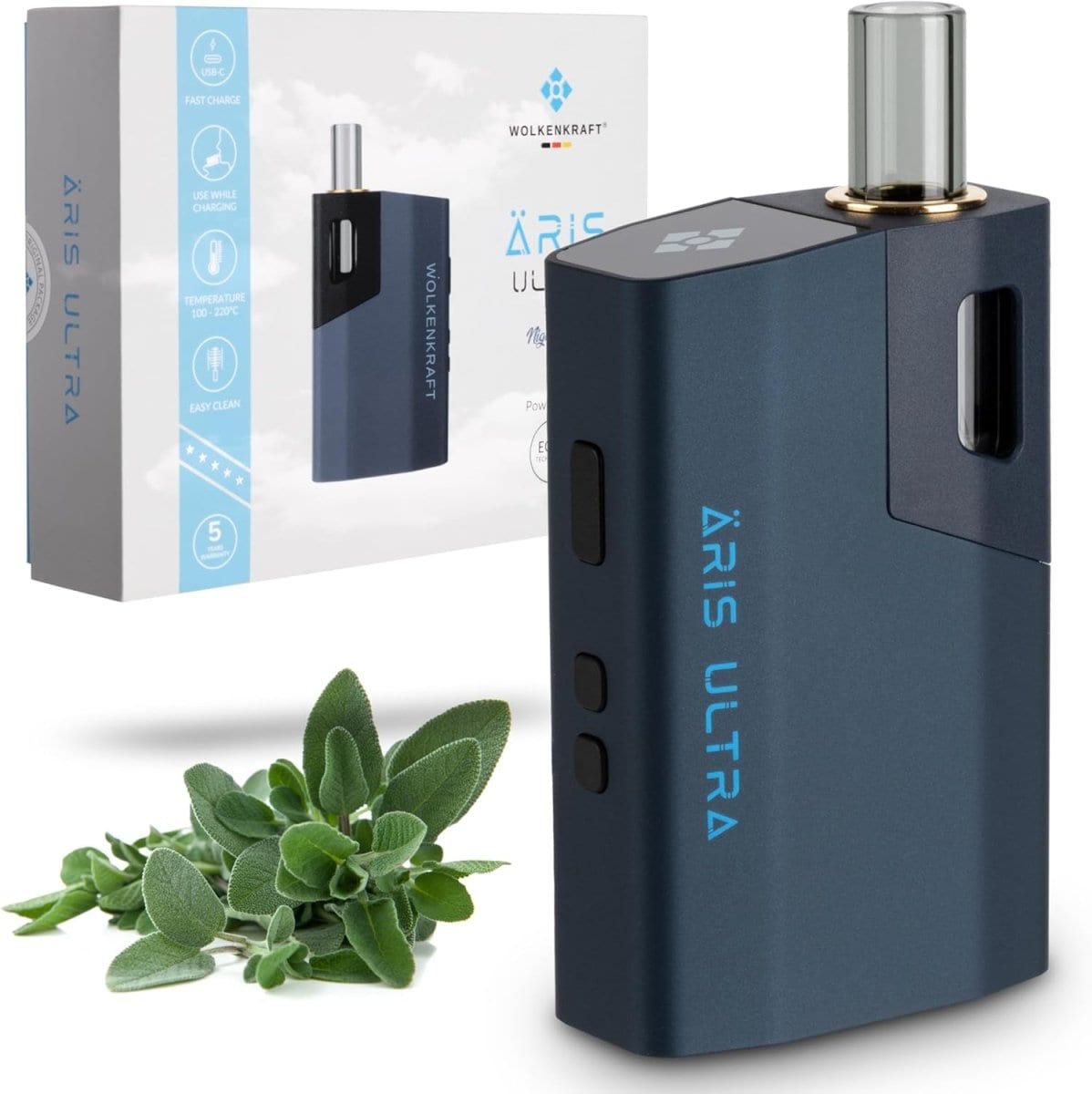 Erlebe den Äris Ultra Vaporizer in Night Blue, ein eleganter und stilvoller Begleiter für deine entspannten Momente.