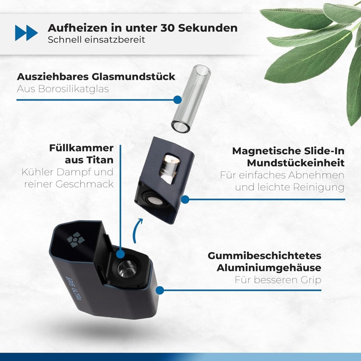Äris Ultra Vaporizer Schnelldetails: Aufheizen in 30 Sek., Glasmundstück ausziehbar, Titanfüllkammer, magnetisches Mundstück, Aluminiumgehäuse.
