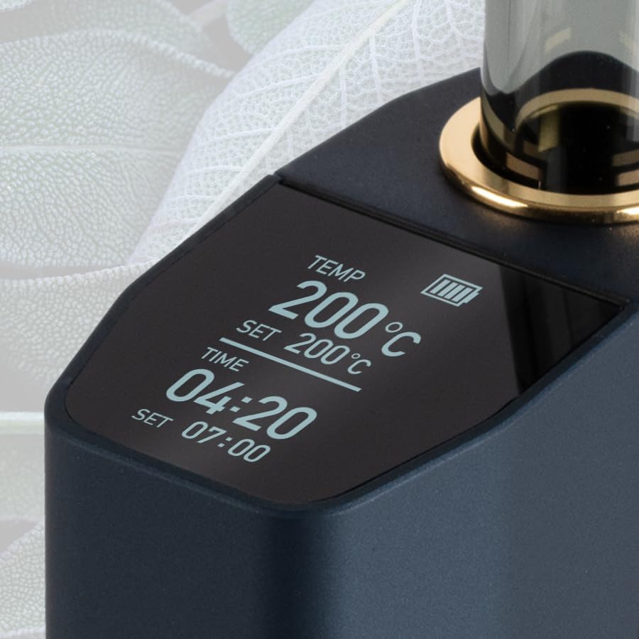 Display und Design des Äris Ultra Vaporizers in Night Blue, zeigt Temperatur von 200°C und Zeit, stilvoll und modern.