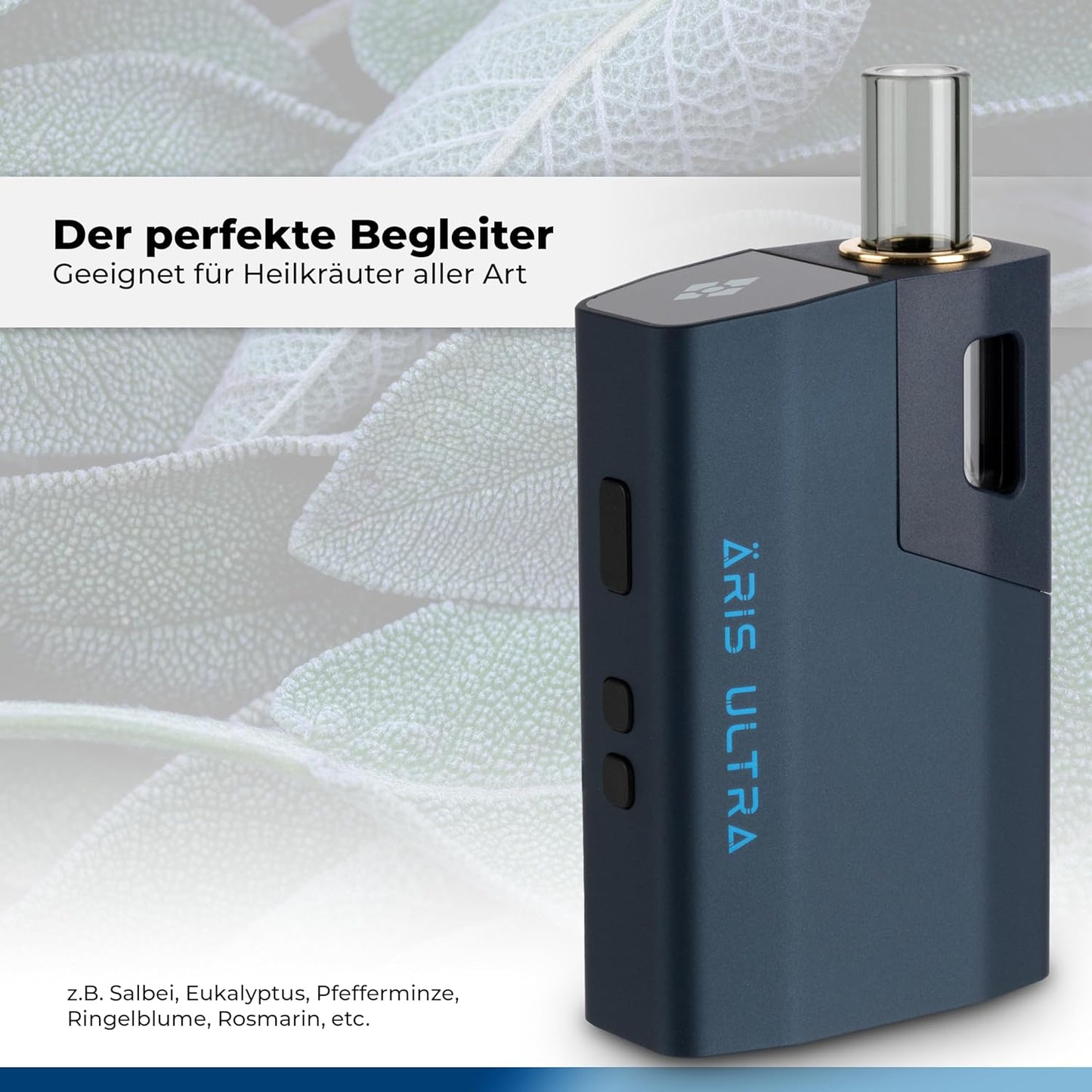 Äris Ultra Vaporizer Night Blue vor Pflanzenhintergrund – dein stylischer Begleiter für Heilkräuter in edlem Dunkelblau.