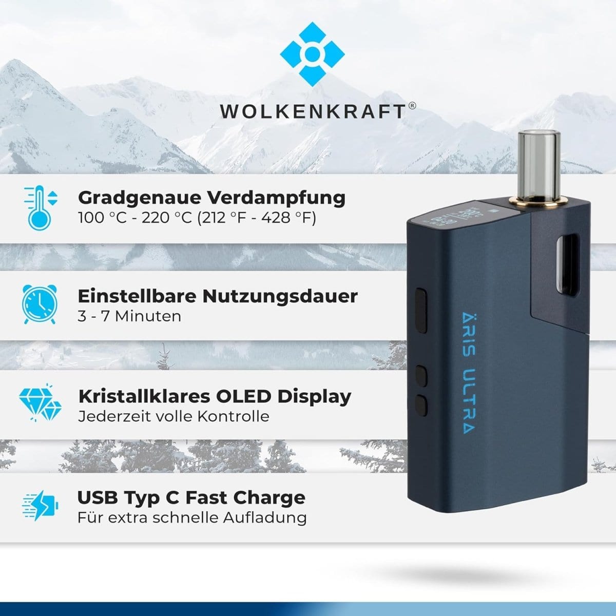 Alt Tag: Entdecke den Wolkenkraft Äris Ultra Vaporizer in Night Blue mit OLED Display und USB C Fast Charge, perfekt für moderate Nutzung.