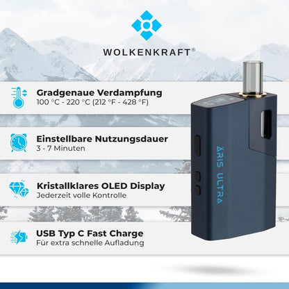 Alt Tag: Entdecke den Wolkenkraft Äris Ultra Vaporizer in Night Blue mit OLED Display und USB C Fast Charge, perfekt für moderate Nutzung.