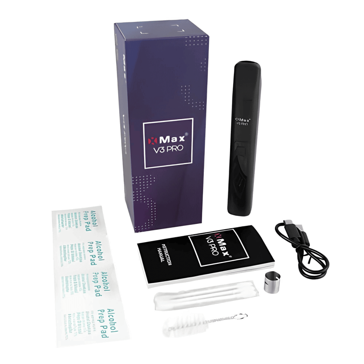 XMax V3 Pro Vaporizer Silber im Lieferumfang mit Kabel, Reinigungsutensilien und Bedienungsanleitung, perfekt für deinen Alltag.
