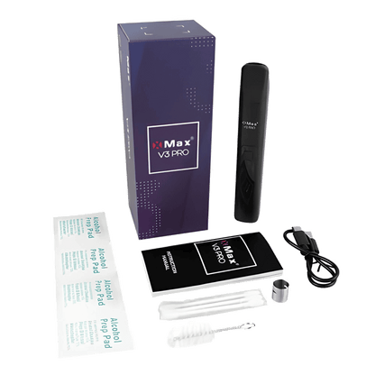 XMax V3 Pro Vaporizer Silber im Lieferumfang mit Kabel, Reinigungsutensilien und Bedienungsanleitung, perfekt für deinen Alltag.