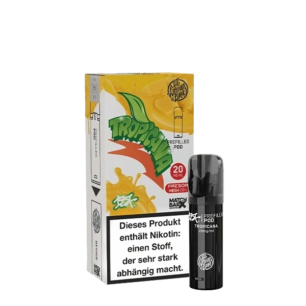 187 Pod Tropicana Einweg-Nikotin-Pod mit intensivem Passionsfruchtgeschmack und Warnhinweis auf der Verpackung.