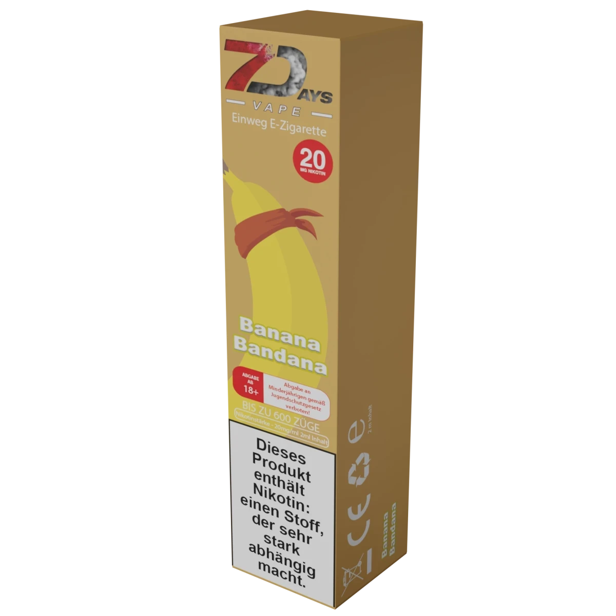 7Days Einweg E-Zigarette Banana Bandana, süßer Vape-Genuss mit Banane, bis zu 600 Züge, entspanntes Dampferlebnis für jeden Tag.