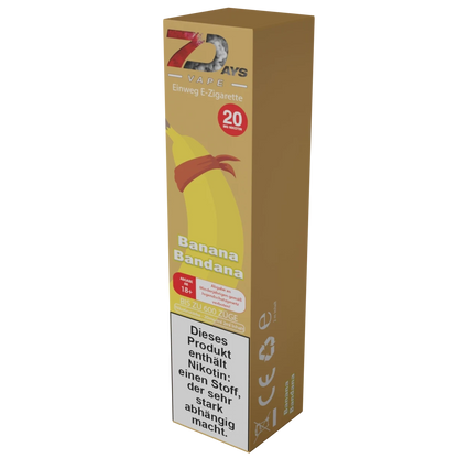 7Days Einweg E-Zigarette Banana Bandana, süßer Vape-Genuss mit Banane, bis zu 600 Züge, entspanntes Dampferlebnis für jeden Tag.