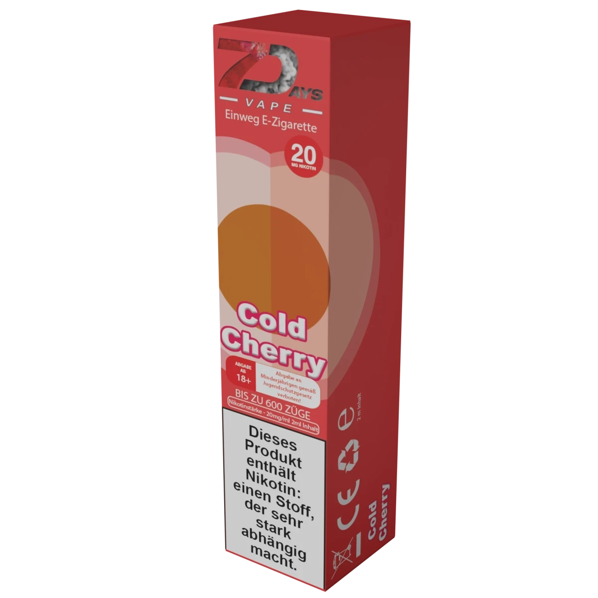 7Days Einweg E-Zigarette in Cold Cherry Geschmacksrichtung, ideal für süße Erlebnisse. 600 Züge voller Genuss.