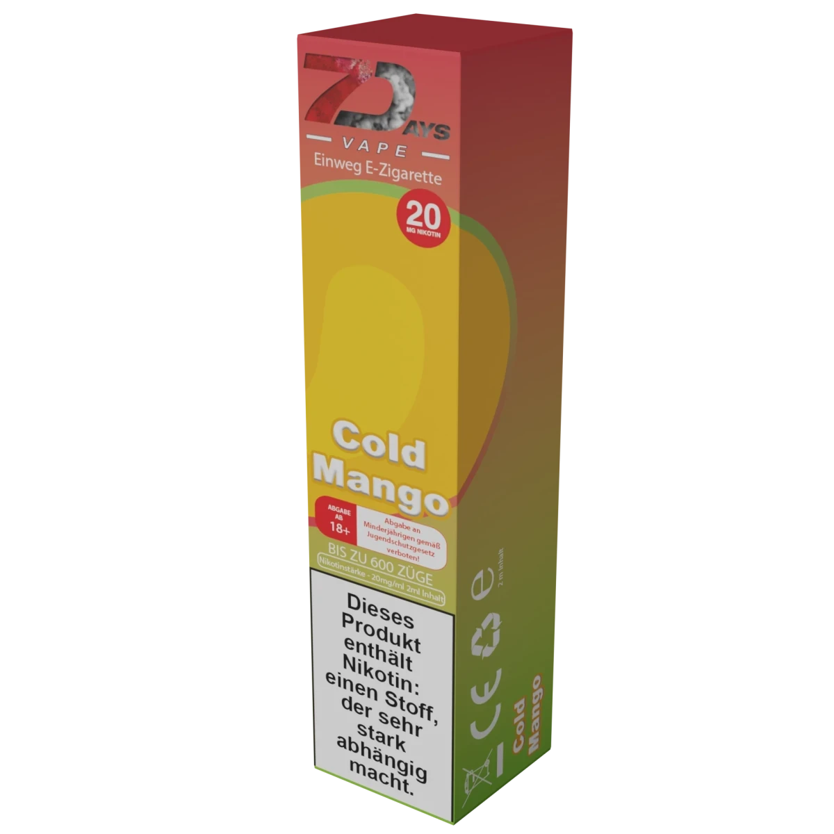 7Days Einweg E-Zigarette Cold Mango, fruchtiges Dampferlebnis für jeden Tag, bis zu 600 Züge, Nikotinhaltiger Genuss.
