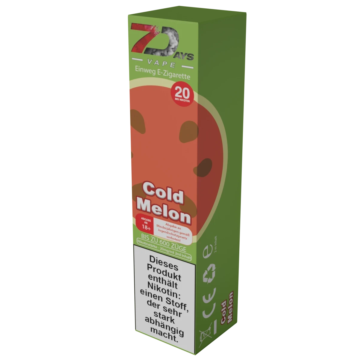 Alt Tag: 7Days Cold Melon Einweg E-Zigarette, erfrischender Geschmack für jeden Tag. Entdecke die fruchtige Welt von 7Days.
