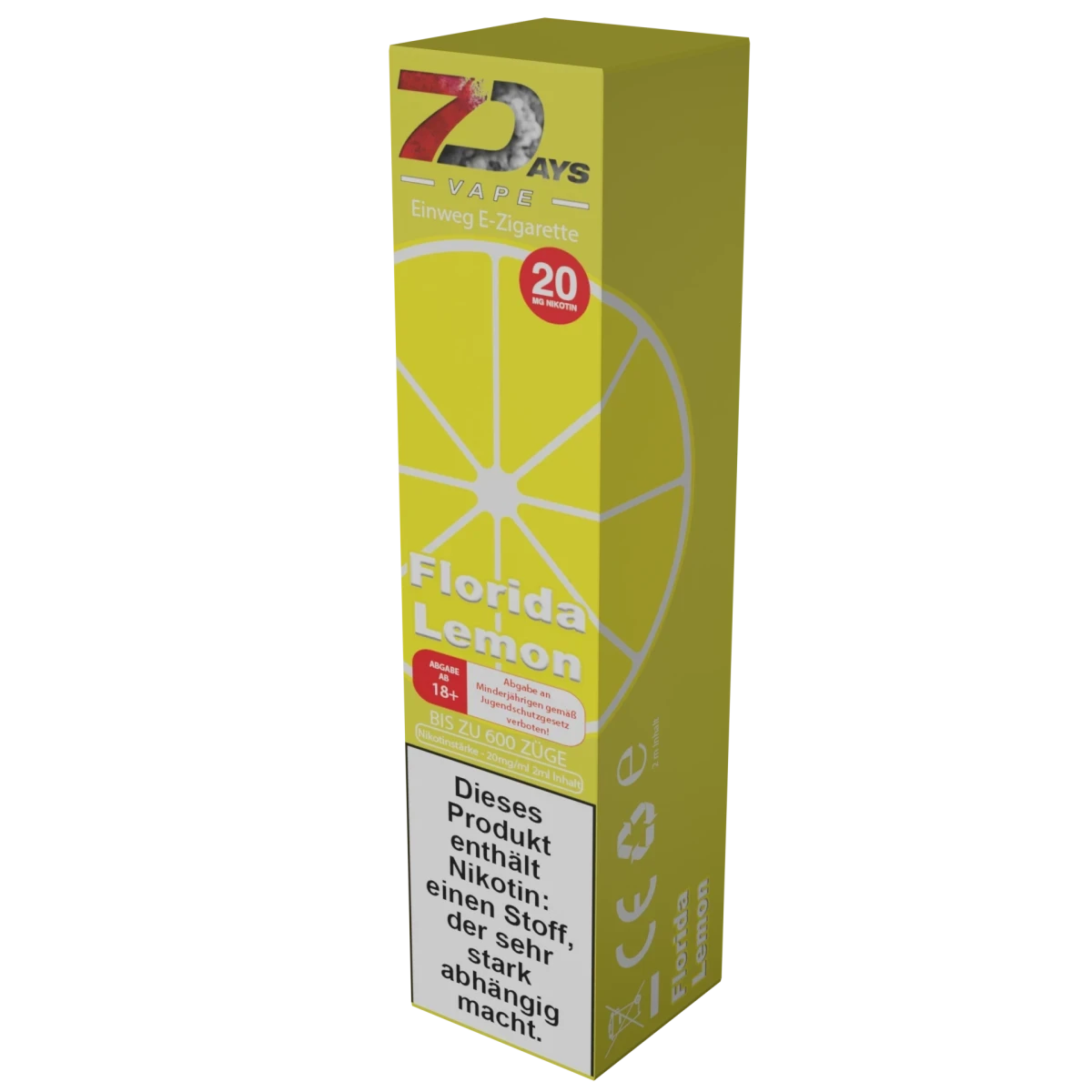 7Days E-Zigarette Florida Lemon für fruchtigen Genuss. Einweg, 20mg Nikotin, bis zu 600 Züge. Erfahrung das Abenteuer!