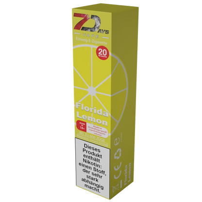 7Days E-Zigarette Florida Lemon für fruchtigen Genuss. Einweg, 20mg Nikotin, bis zu 600 Züge. Erfahrung das Abenteuer!