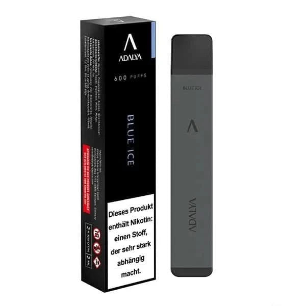 Adalya Blue Ice Vape Pen und Verpackung, erlebe kühlen Blaubeer-Minze Geschmack. Perfekt für eine erfrischende E-Shisha Erfahrung.