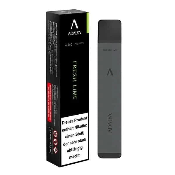 Adalya Fresh Lime Vape Pen mit Limetten- und Zitronenaroma vor Verpackung, 600 Züge, erfrischend und spritzig genießen.