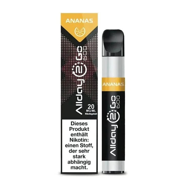 Allday 2 Go Einweg E-Zigarette mit Ananasgeschmack, ideal für tropische Genussmomente und Liebhaber exotischer Aromen.