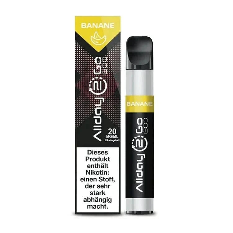 Allday 2 Go - Banane Vape Pen und Verpackung, süßes Bananenaroma, für ein geschmeidiges Dampferlebnis. 20mg Nikotingehalt.