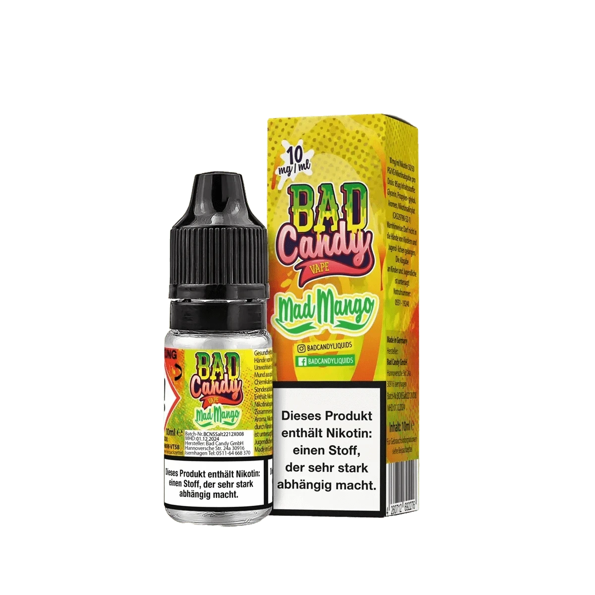 Bad Candy Liquid Mad Mango: Tropischer Genuss mit Mango, Ananas, Limette, Maracuja und Kokosnuss Geschmack.